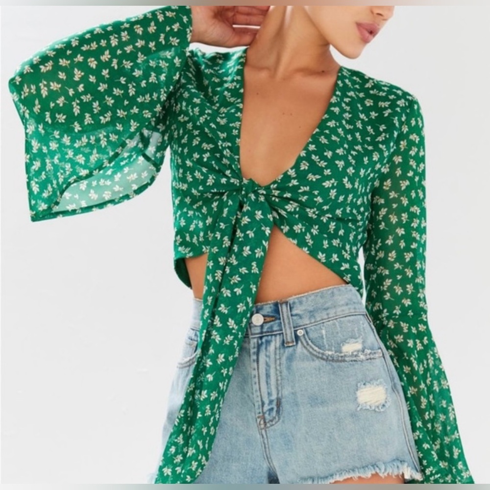Urban Outfitters Green Floral Tie-Front Top